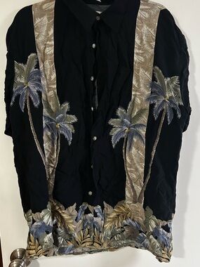 Pierre Cardin Black Short-Sleeve Palm Print Button-Down Shirt